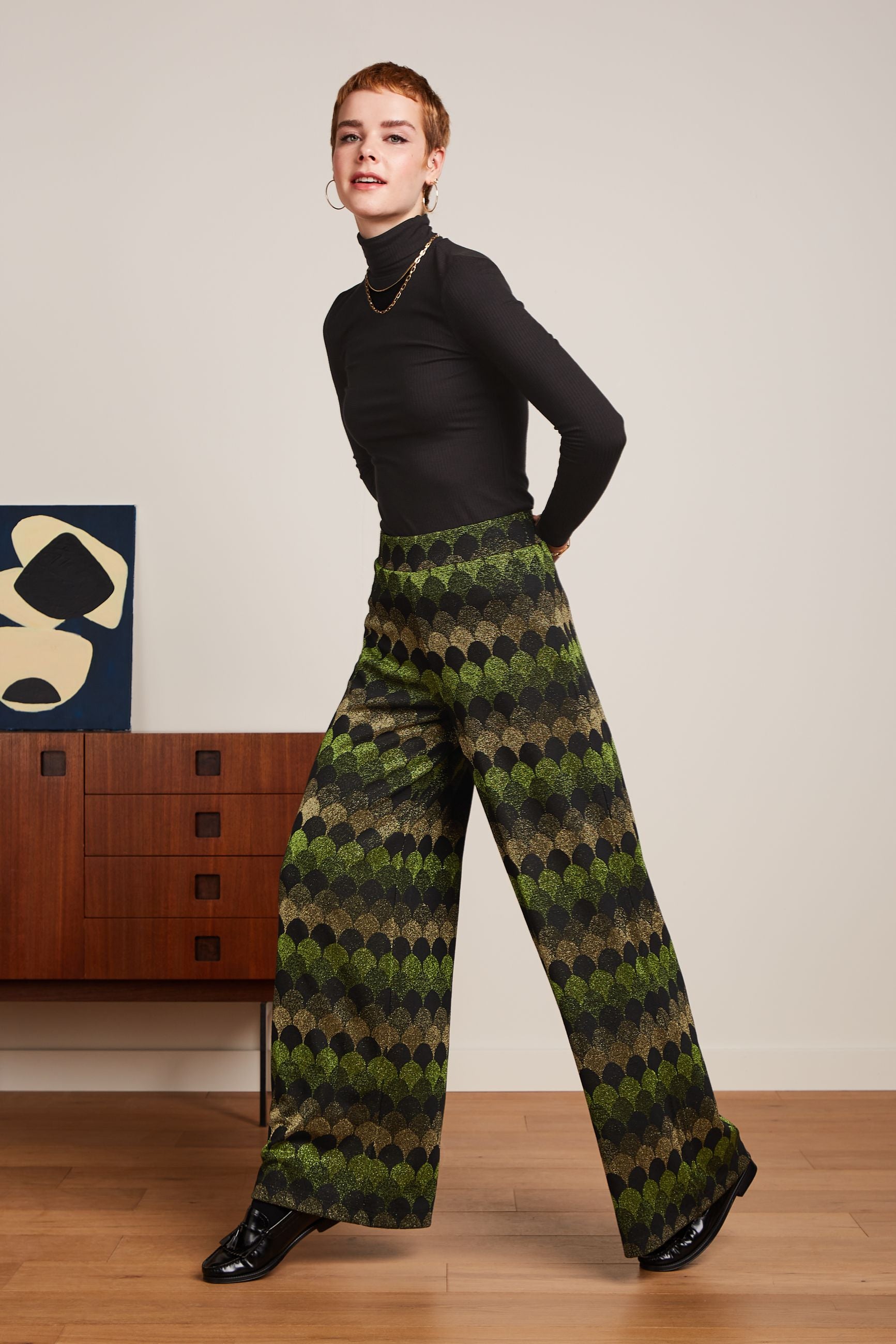 Border Palazzo Pants Diva Jacquard - Olive Green