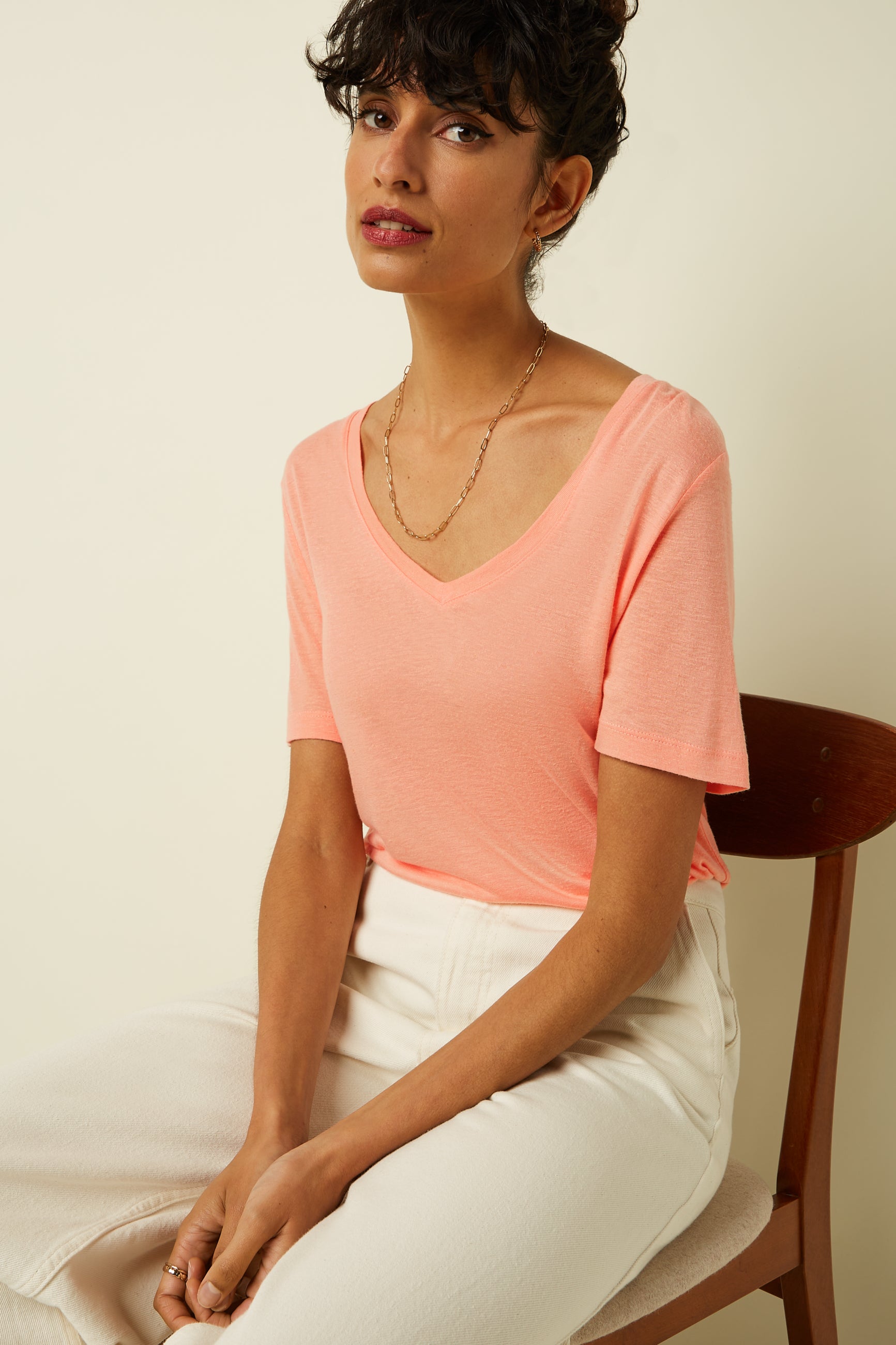 V-Neck Top Marsy Linen - Coral Orange