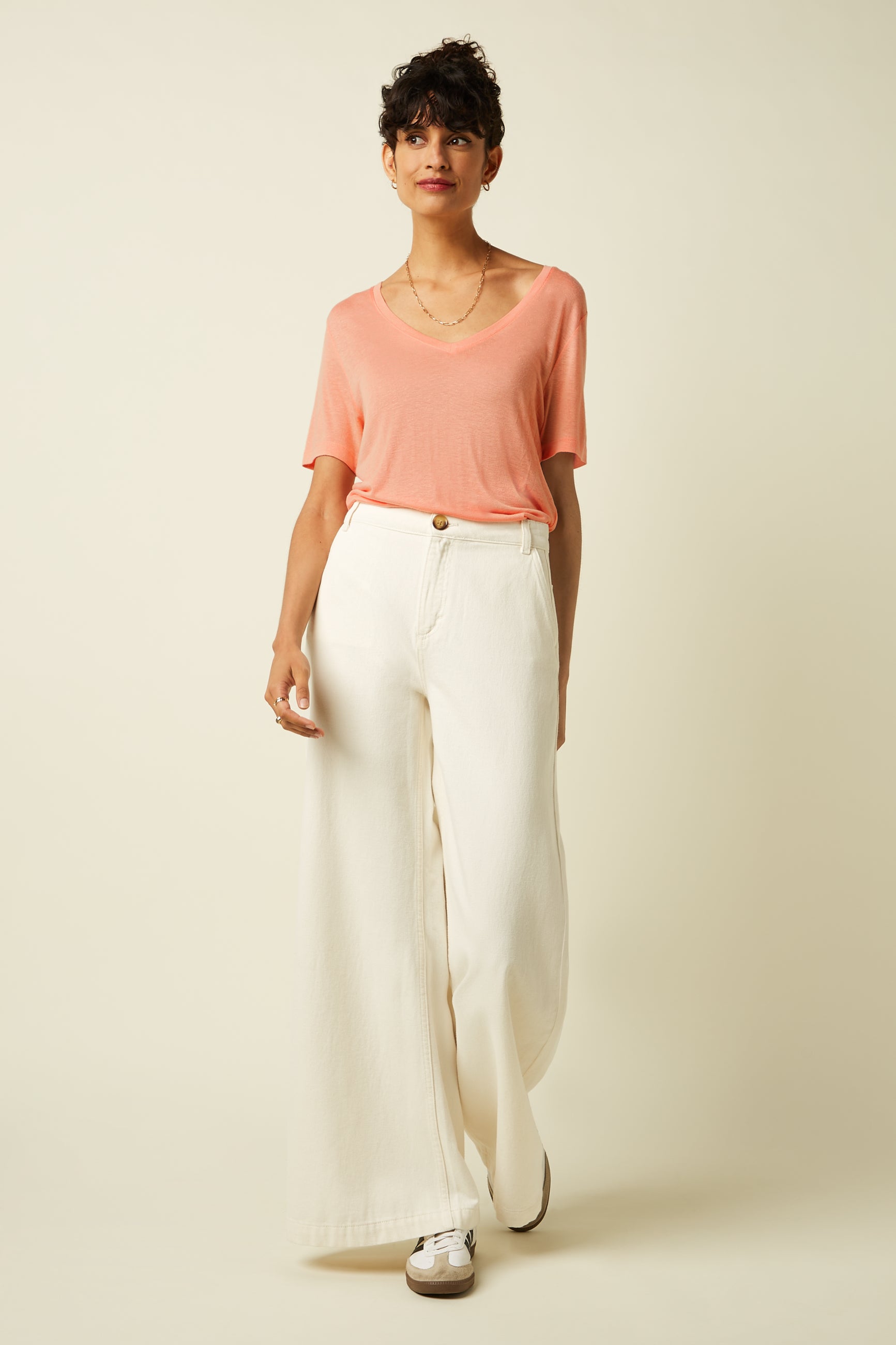 V-Neck Top Marsy Linen - Coral Orange