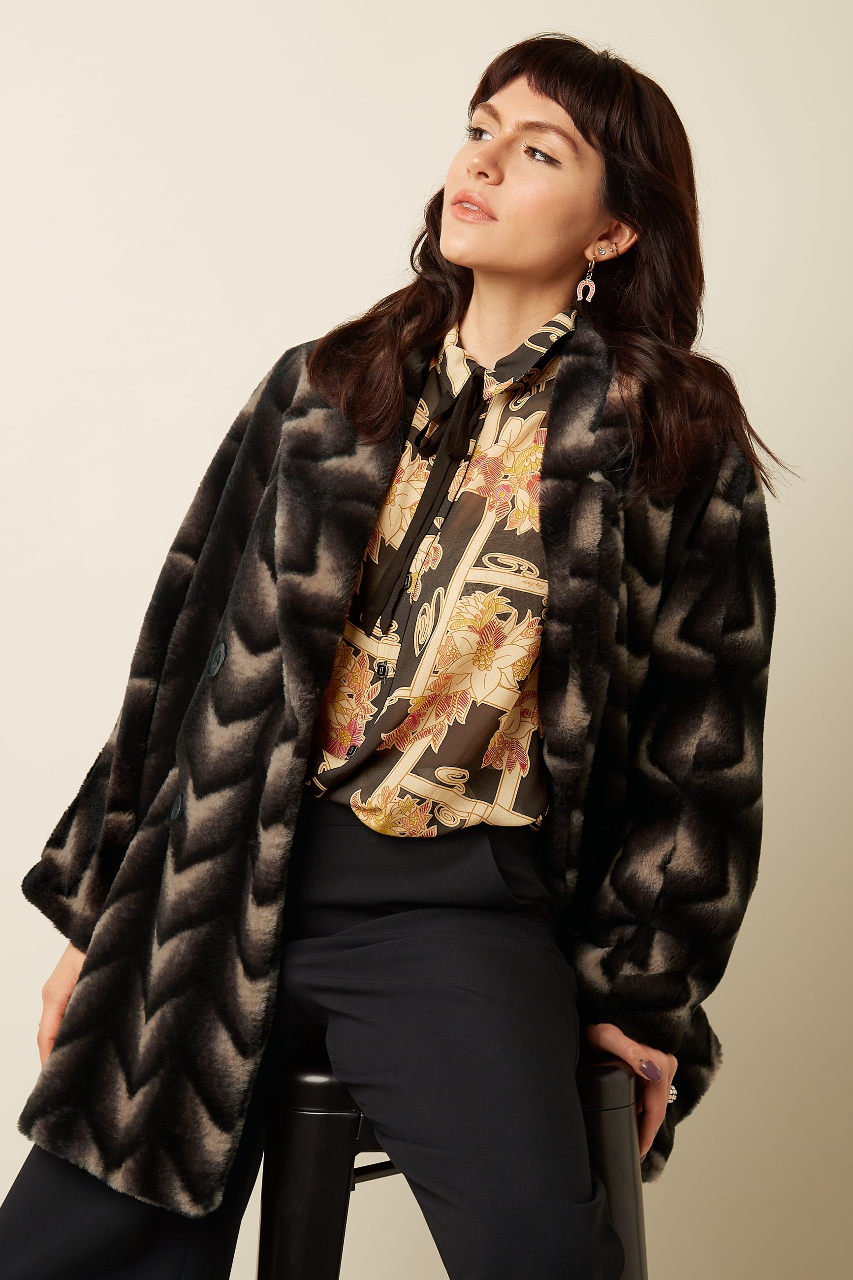 Shiya Kimono Coat Deco Fur - Black