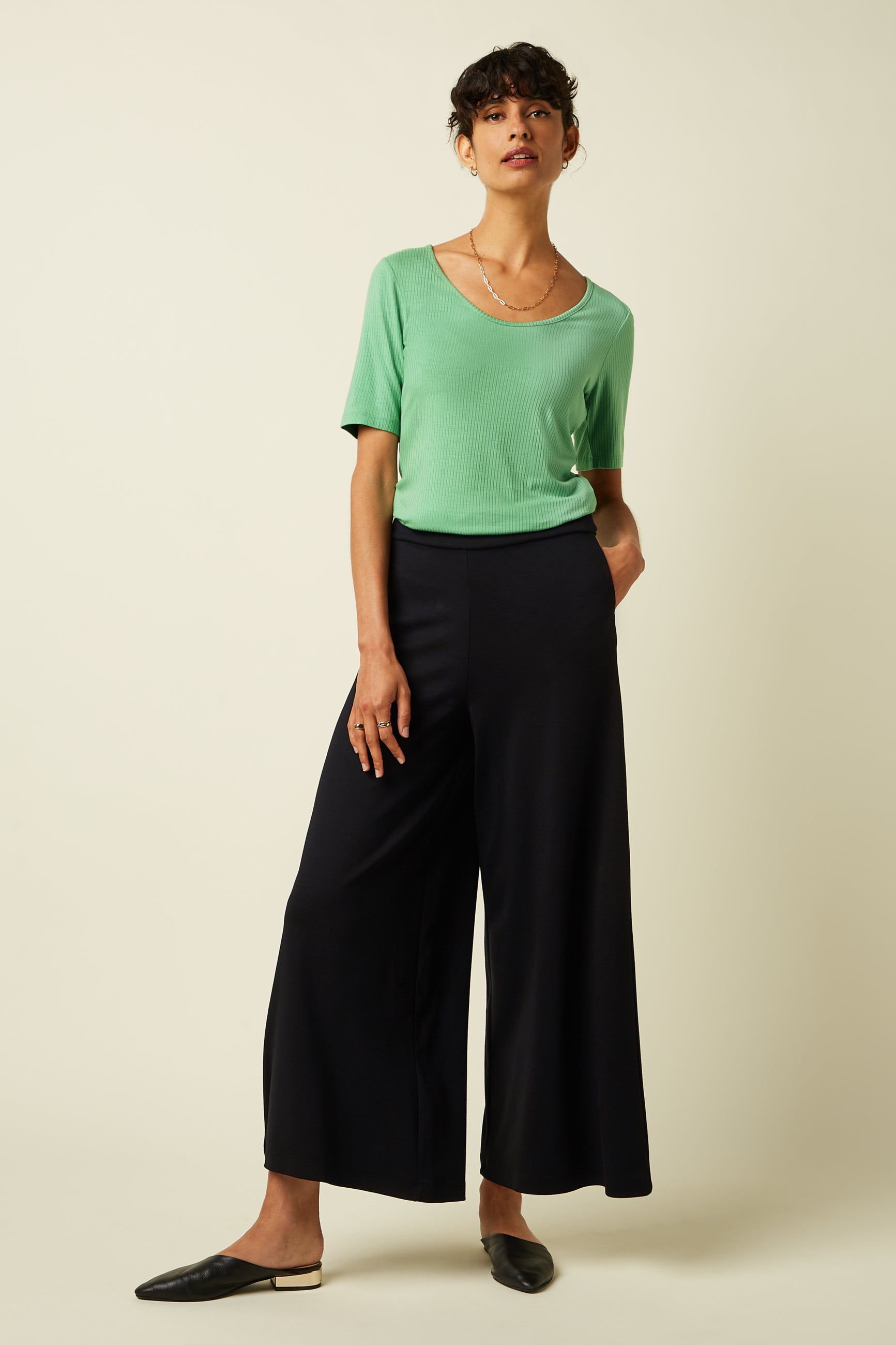 Border Palazzo Cropped Pants Milano Uni - Black