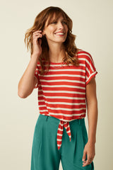 Aria Knot Shirt Marsy Linen Stripe - Sun Orange
