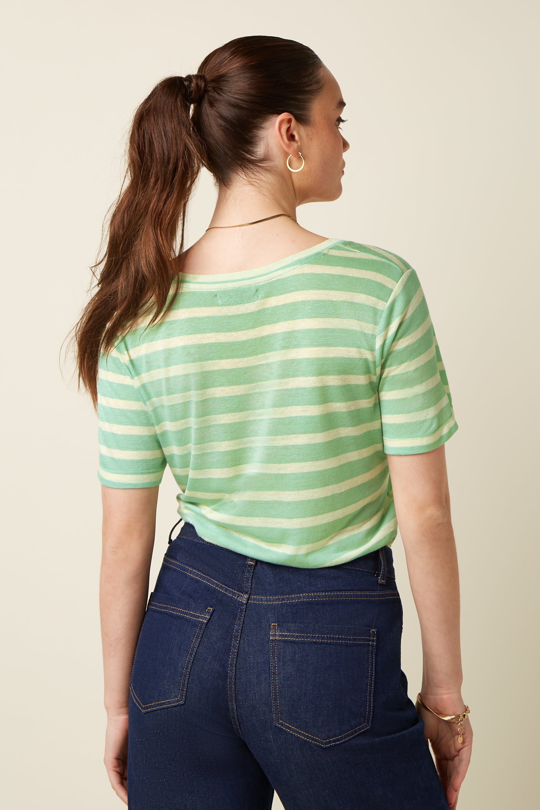 V Neck Top Marsy Linen Stripe - Sprucestone Mint