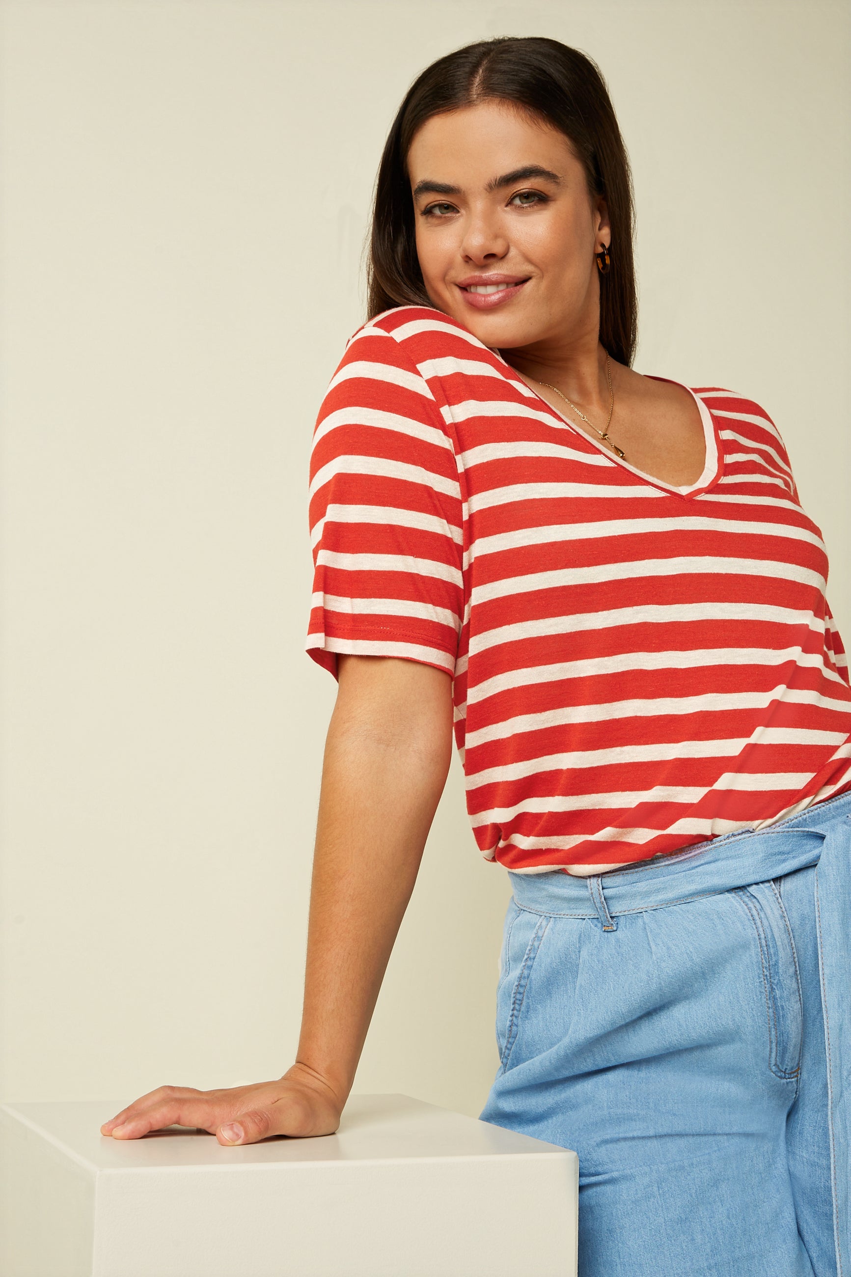 V Neck Top Marsy Linen Stripe - Sun Orange