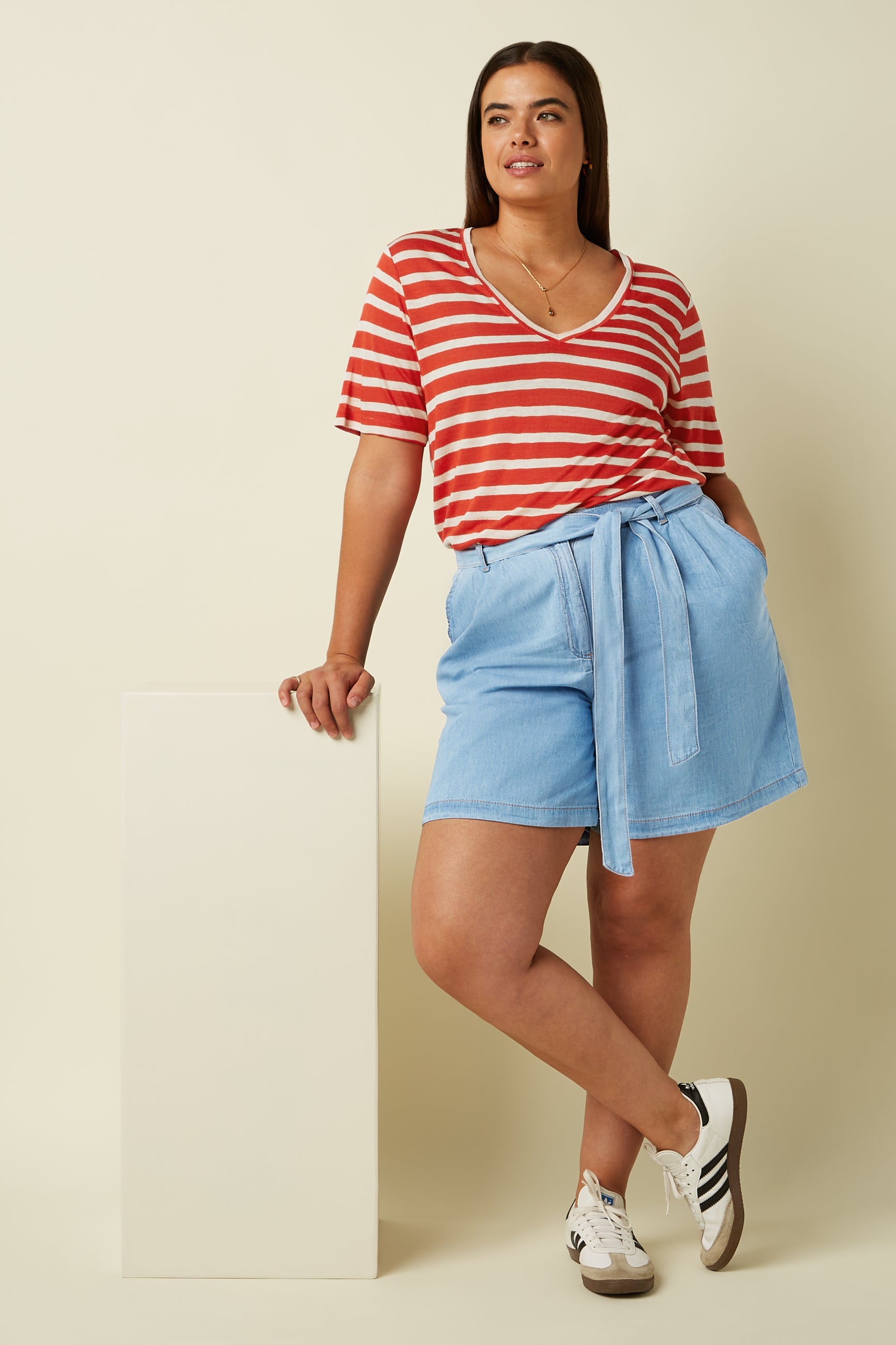 V Neck Top Marsy Linen Stripe - Sun Orange