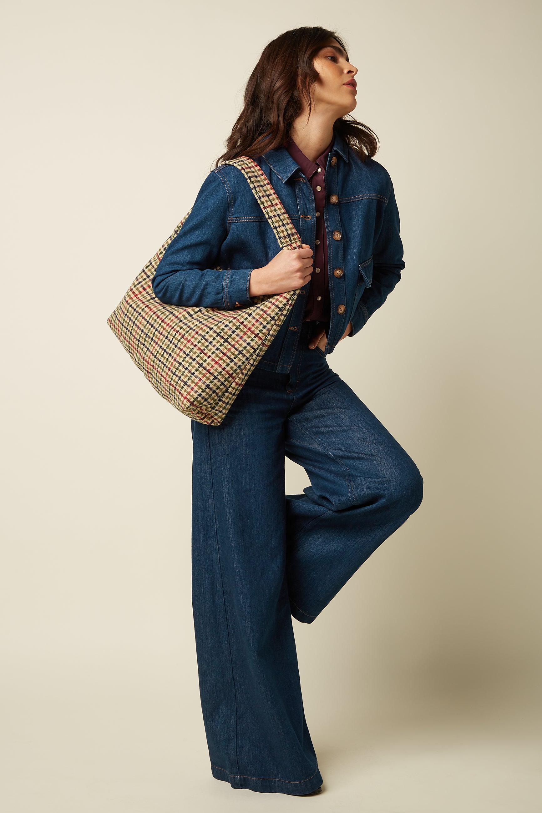 Glace Tote Bag Basso Check - Marzipan