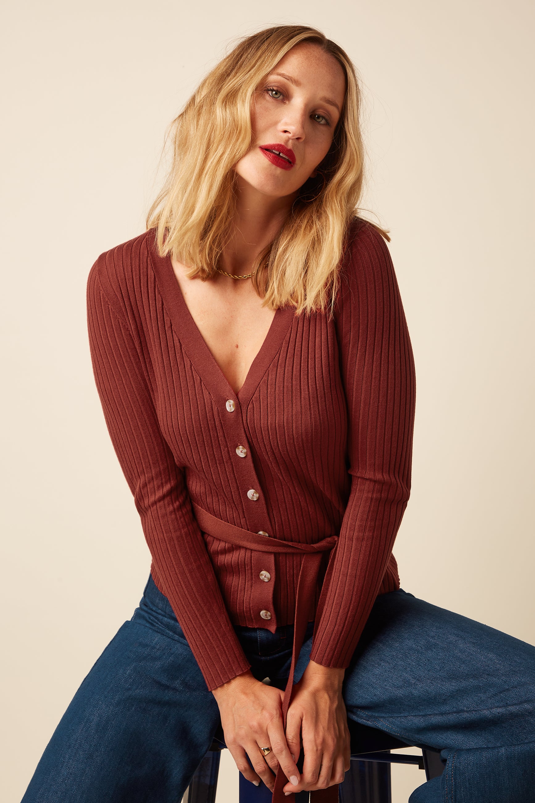 Mila Rib Cardi Match Knit - Spicy Brown