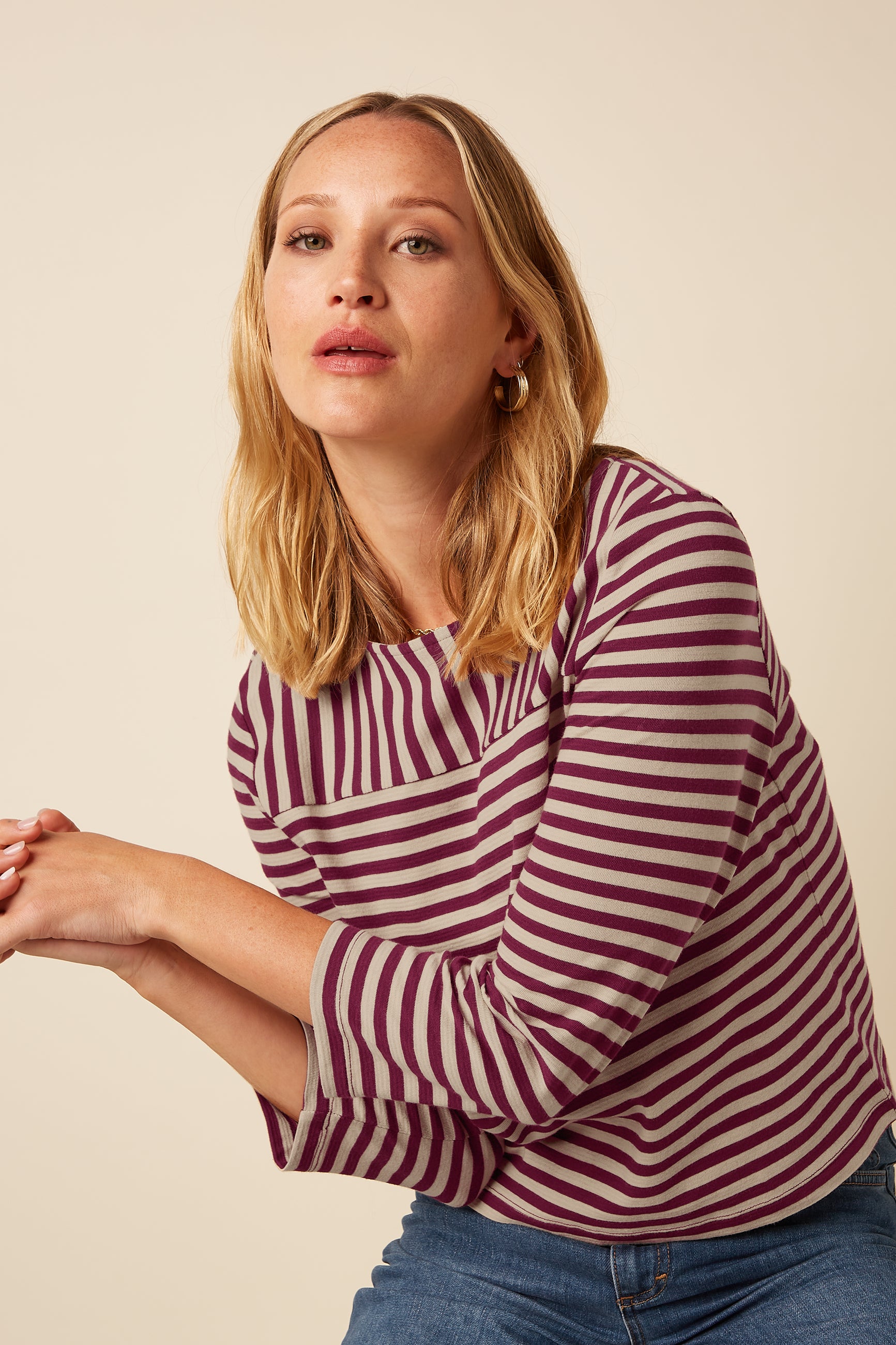 Boatneck Yoke Top Chopito Stripe - Cabernet Red