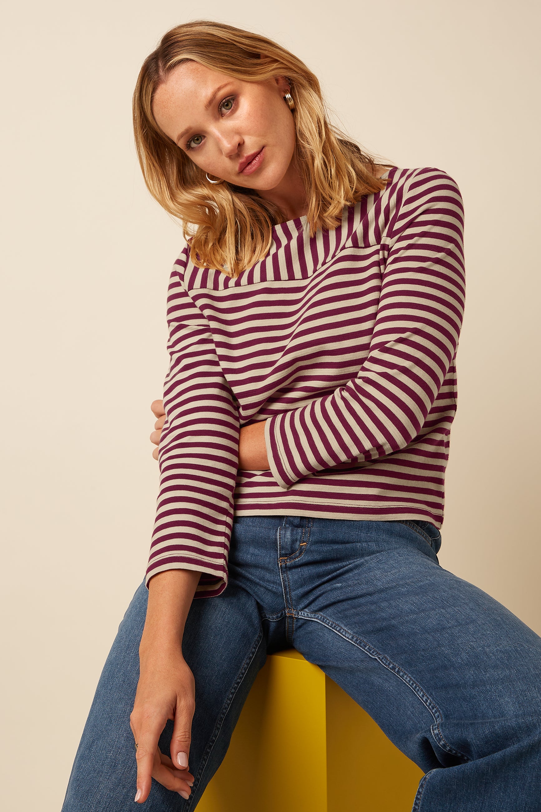 Boatneck Yoke Top Chopito Stripe - Cabernet Red